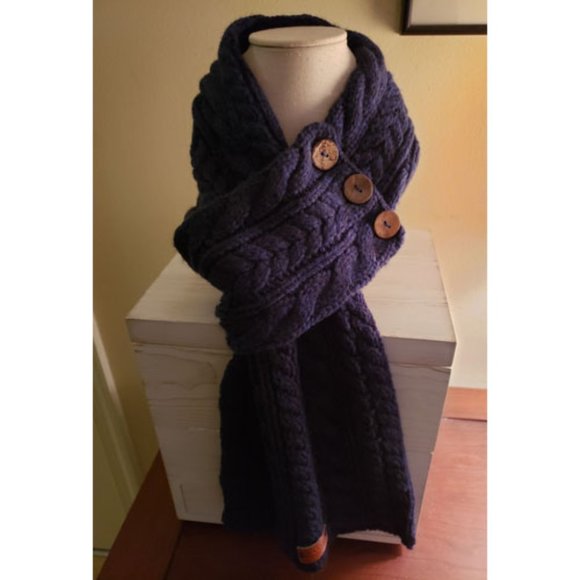 Aran Traditions Accessories - 3-Button Loop Scarf Navy Blue Cable Knit Aran Trad